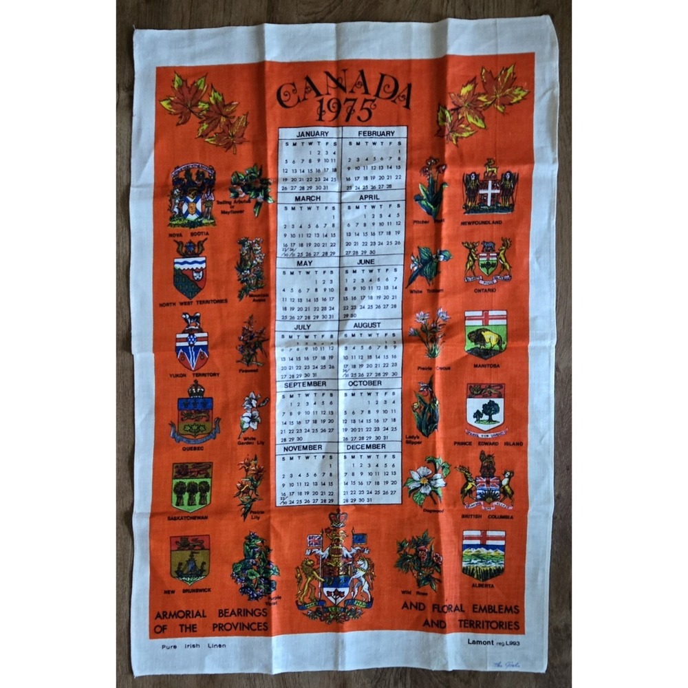 1975 Canada Calendar Tea Towel‎ Linen Lamont N. Ireland Provincial Crests NOS